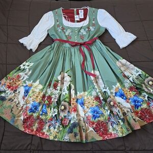 Disney Green Floral Midi Dress with Red Waist Sash